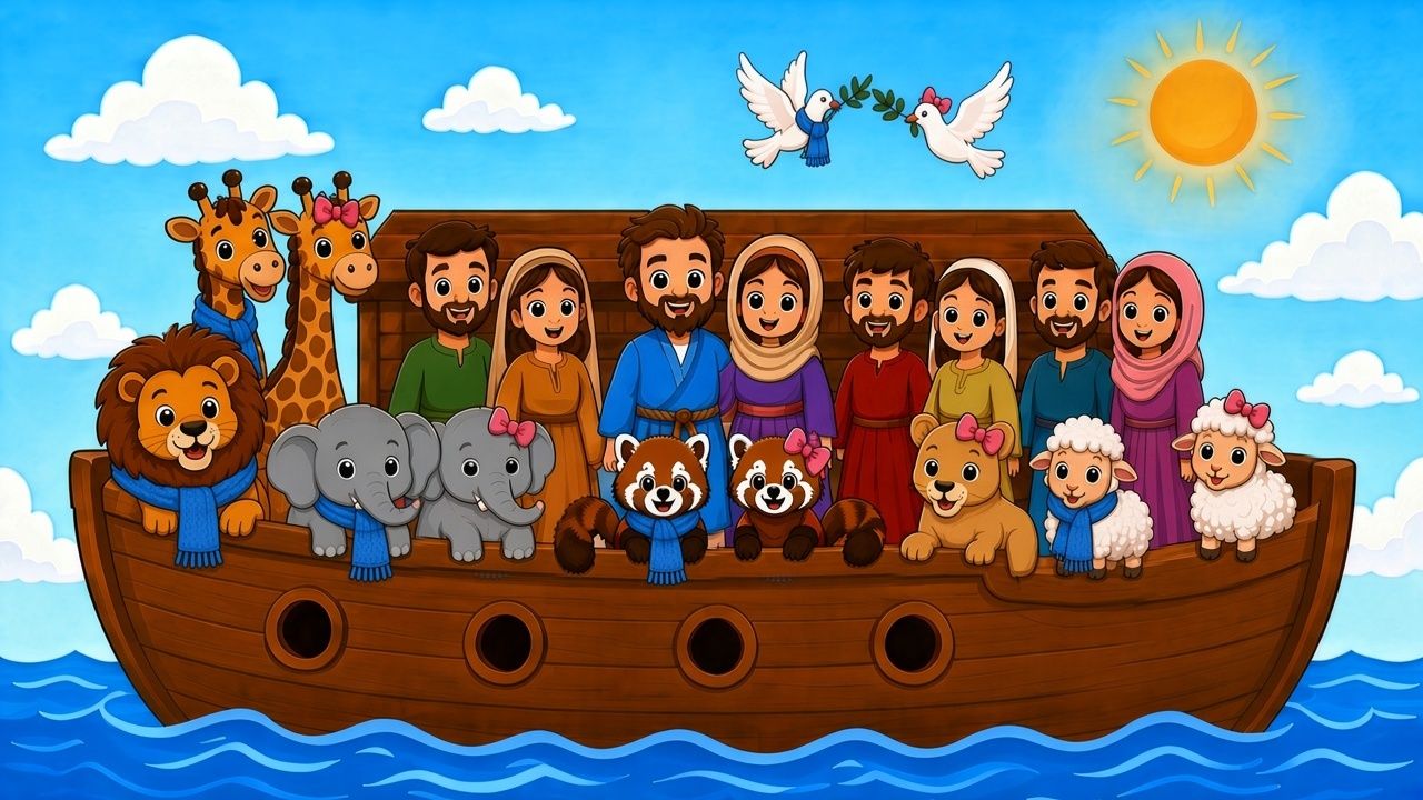 Cartoon of Noah’s family of eight on a wooden ark with pairs of animals — lions, giraffes, elephants, red pandas, sheep and two doves — under a sunny sky.