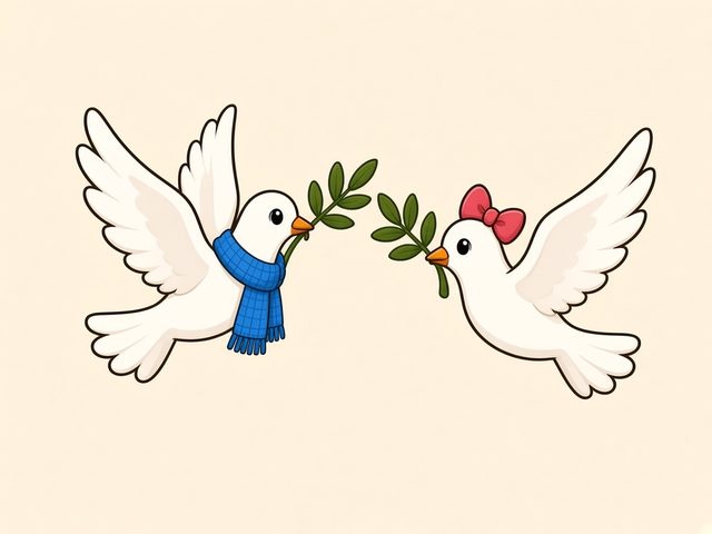 The doves Ping Ping in a blue knitted scarf and An An with a pink bow, each carrying an olive branch.