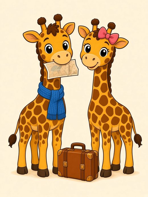Two giraffes, Gaogao in a blue knitted scarf holding a map and Changchang with a pink bow, next to a suitcase.