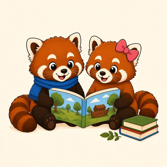 Two red pandas, Doudou in a blue knitted scarf and Mimi with a pink bow, reading a picture book together.